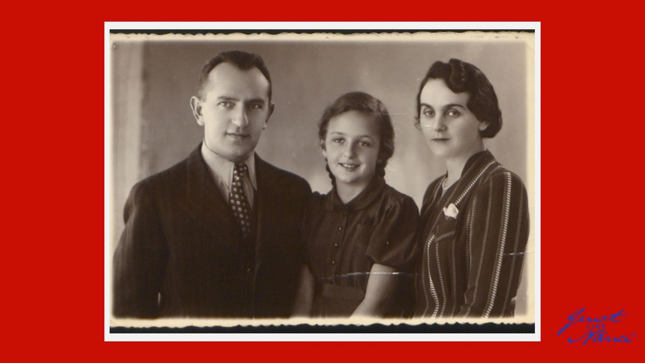 Pre-war family photograph of the Zeidshnur family. Elizabeth's Grandpa Zelman, Mother Fryda, and Grandma Judith.