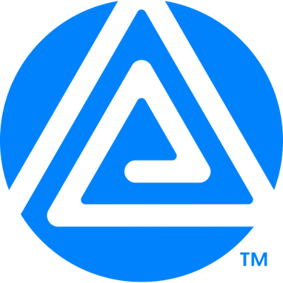 Blue geometric logo with a triangular design inside a circle.