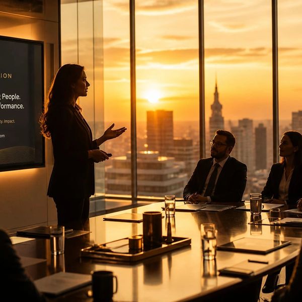 Businesswoman presenting in a boardroom during sunset with attentive colleagues.