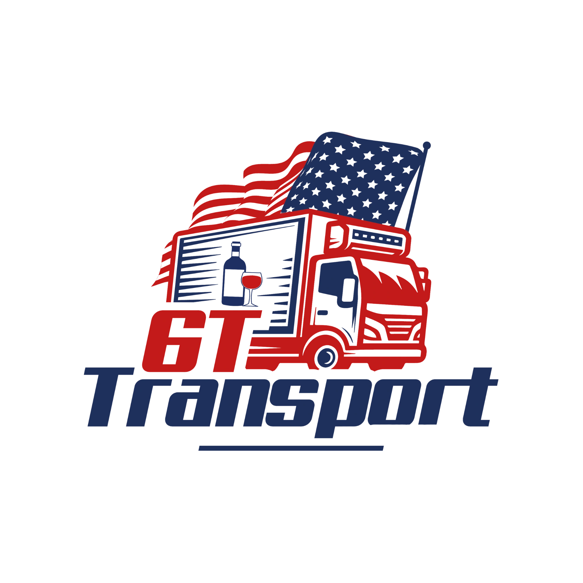 Illustration of a red and blue delivery truck with an American flag motif and wine bottle and glass inside.