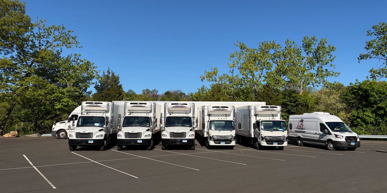 A lineup of white delivery trucks and vans parked in an empty lot under a clear blue sky.