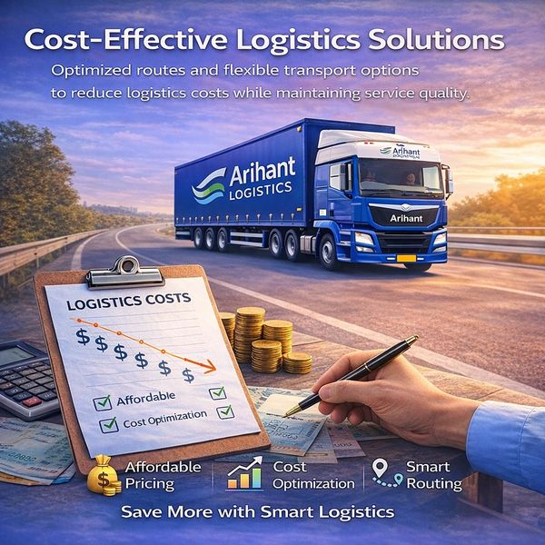 A logistics truck with a cost reduction chart and smart routing benefits.
