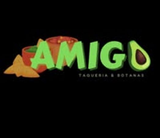 Logo for Amigo Taqueria &amp; Botanas with colorful food elements.
