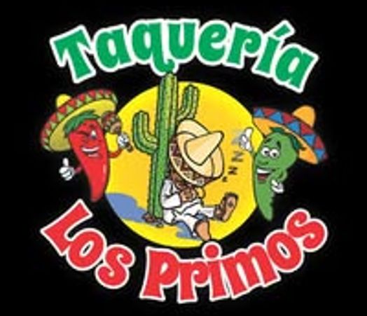 Logo of Taquería Los Primos with cartoon chili peppers and a sleeping character.