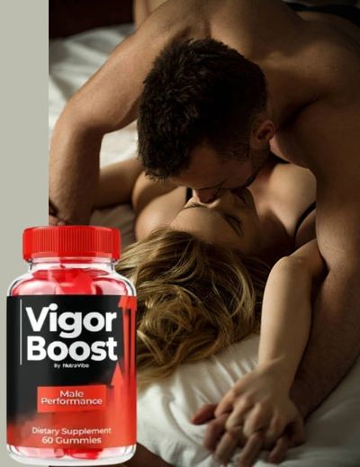 Couple embracing intimately with Vigor Boost supplement bottle in foreground.