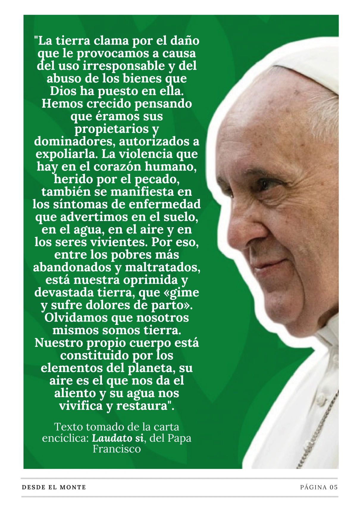 Cita del Papa Francisco sobre el cuidado de la tierra y la responsabilidad humana.