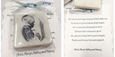 Marble Hope Stones of ultrasound photograph used for baby shower party favor.