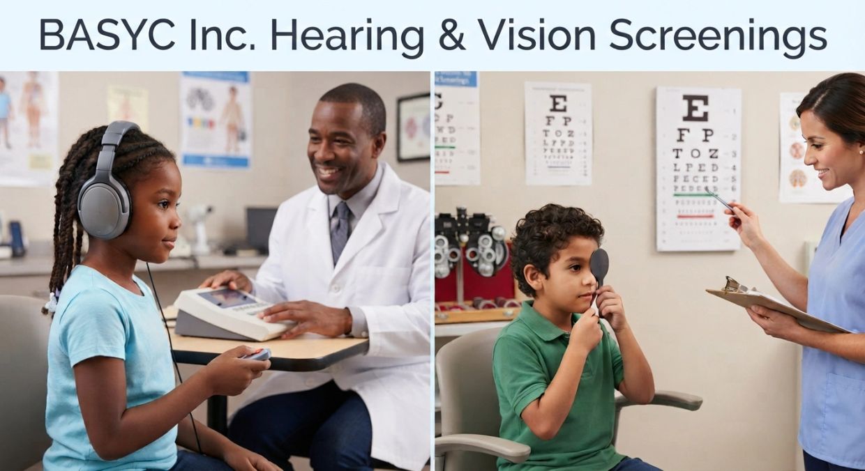 Children undergoing hearing and vision tests at BASYC Inc.