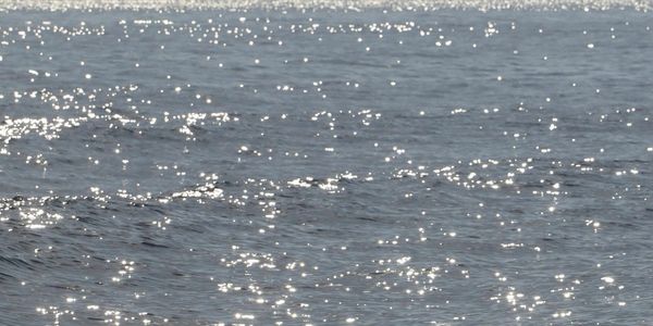 Sunlight sparkles on gentle ocean waves under a clear sky.