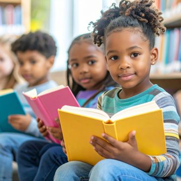 Children reading colorful books together in a library.