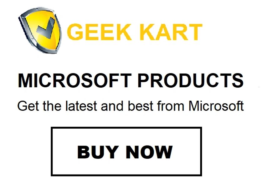 Advertisement for Microsoft products with a buy now button from Geek Kart.