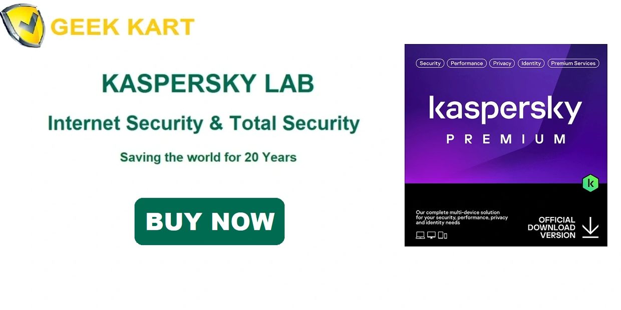 Advertisement for Kaspersky Lab Internet Security and Premium software with a buy now button.