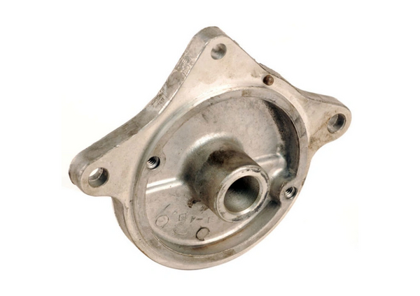 Metal automotive part with three mounting holes and a cylindrical center opening.