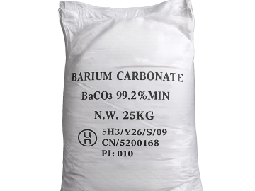 A sack labeled Barium Carbonate with chemical and weight details.