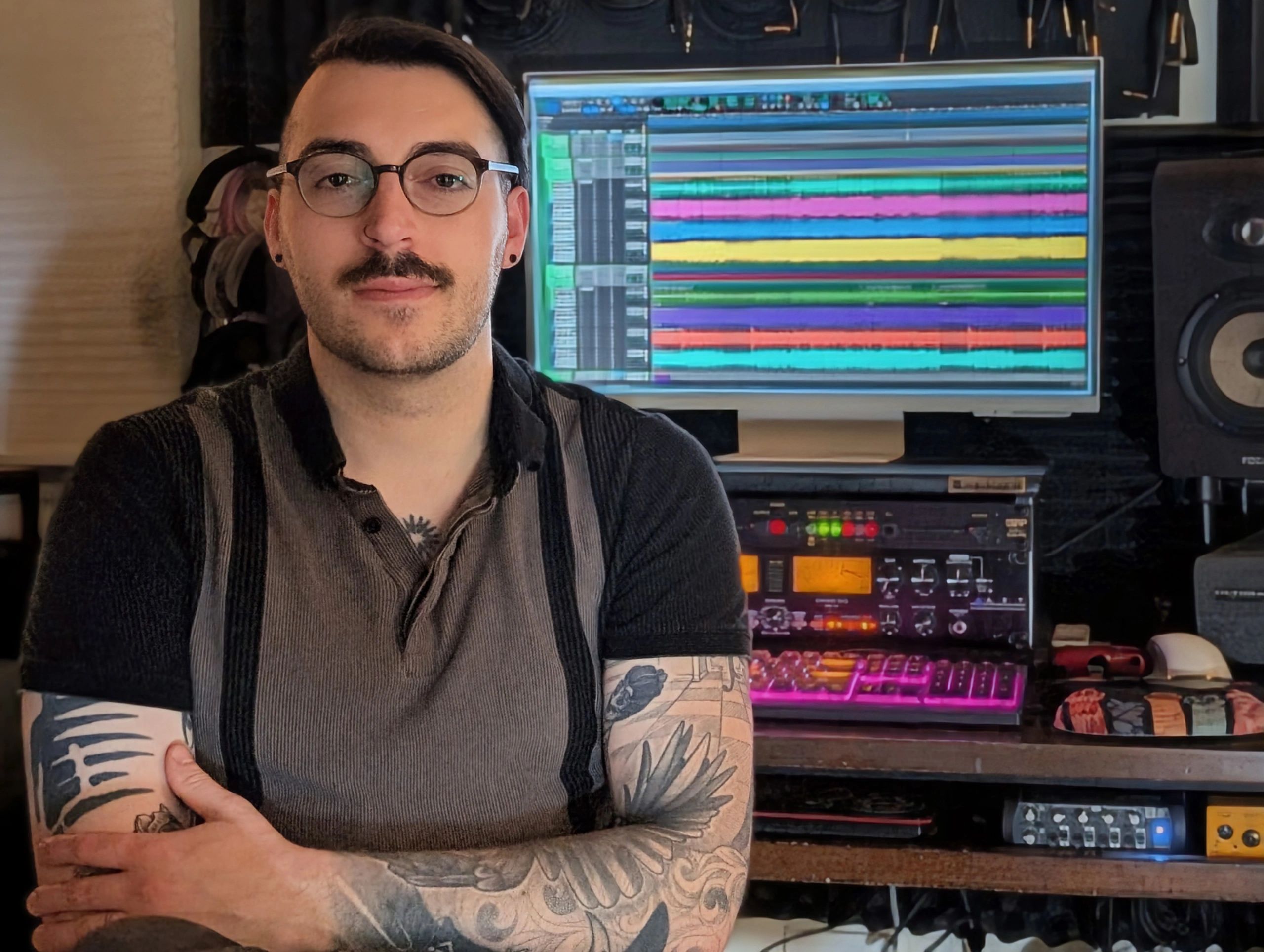 Man with tattoos in front of a music production setup with colorful tracks on screen.