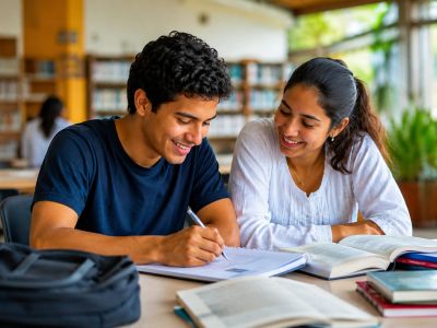 Two students studying together in a library, smiling and focused.