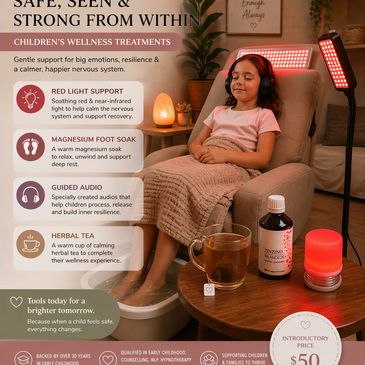 Child enjoying calming wellness treatments with red light and magnesium foot soak.