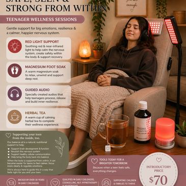 Teen wellness sessions offering red light support, magnesium soak, guided audio, and herbal tea for calm and resilience.