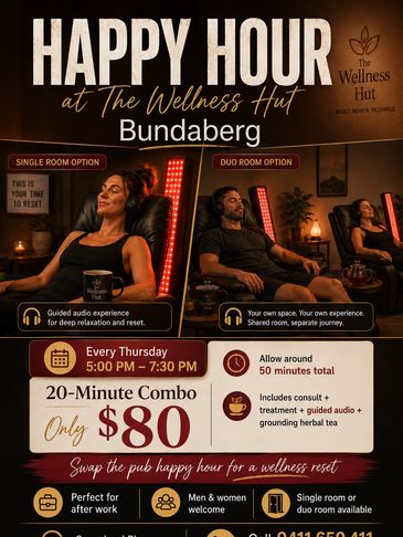 Happy Hour relaxation sessions at The Wellness Hut Bundaberg with single or duo room options.