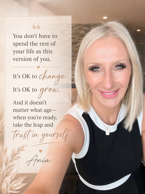 Inspirational quote with a smiling woman in a black and white dress.