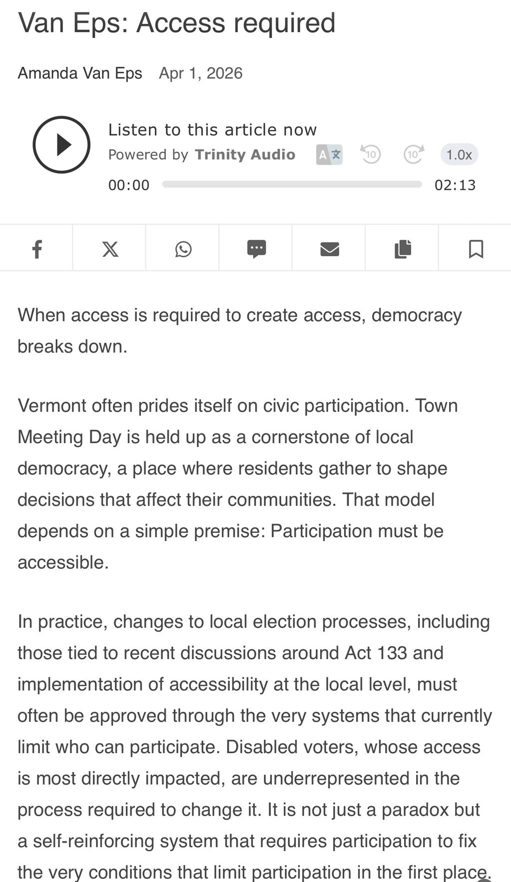 Article discussing access and participation in Vermont's local democracy and elections.