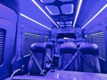 Premium van interior with plush seating.
