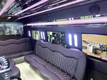 Elegant limousine interior with mood lighting.