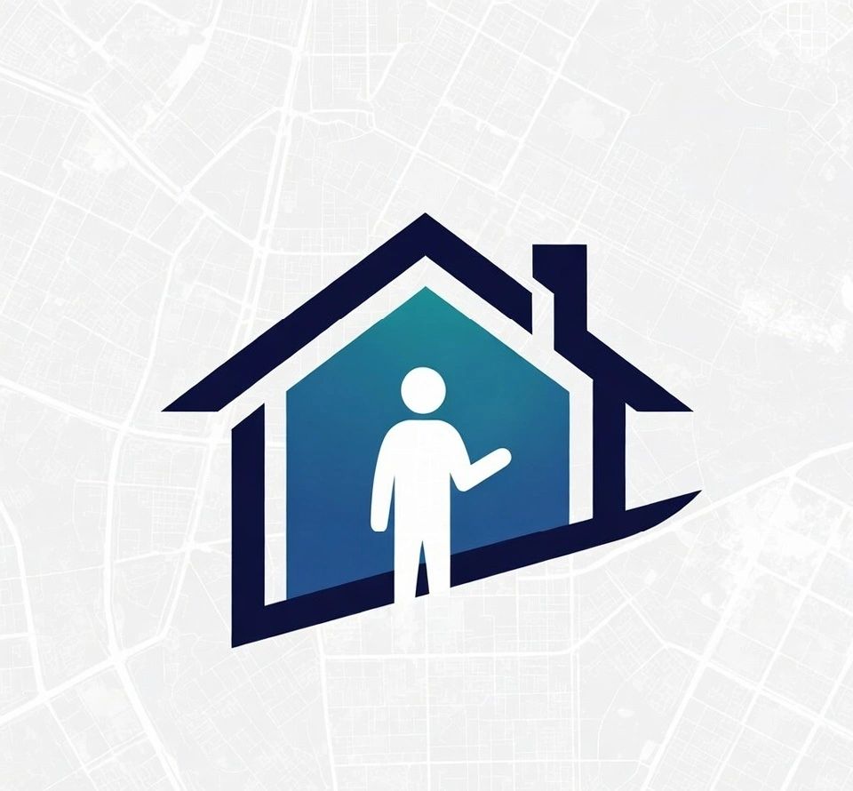 Icon of a person inside a house outline on a city map background.
