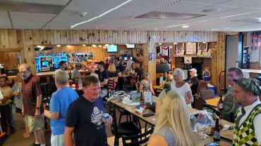 A lively bar scene with people socializing and enjoying drinks.