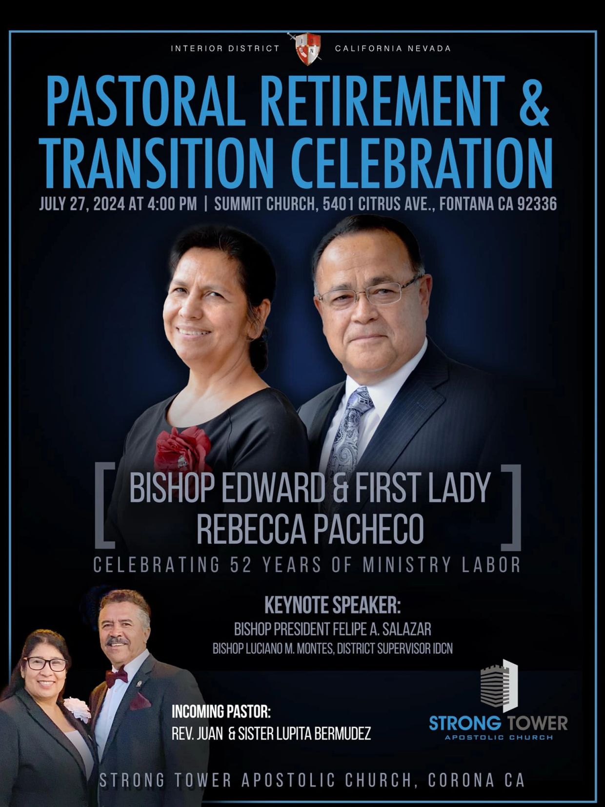 Pastoral Retirement &amp; Transition Celebration announcement with Bishop Edward and First Lady Rebecca Pacheco.