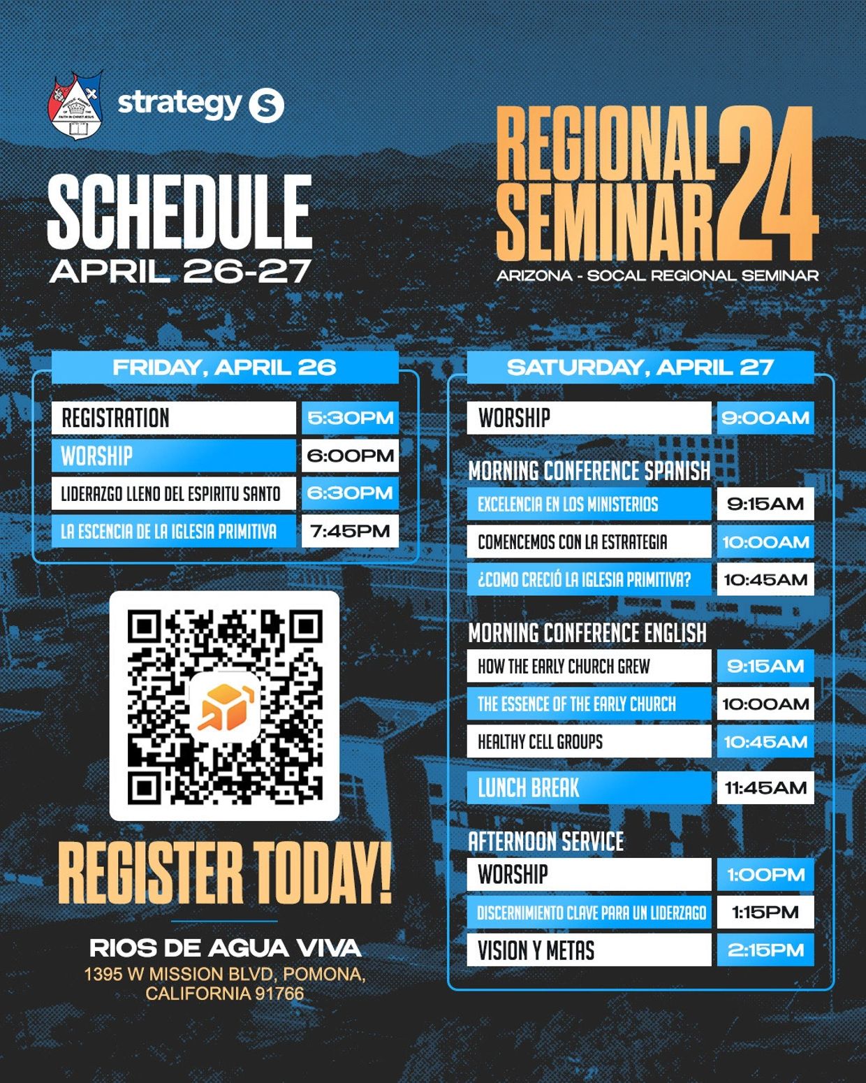 Schedule for the Regional Seminar 24 in Arizona, April 26-27, featuring worship and conferences in Spanish and English.