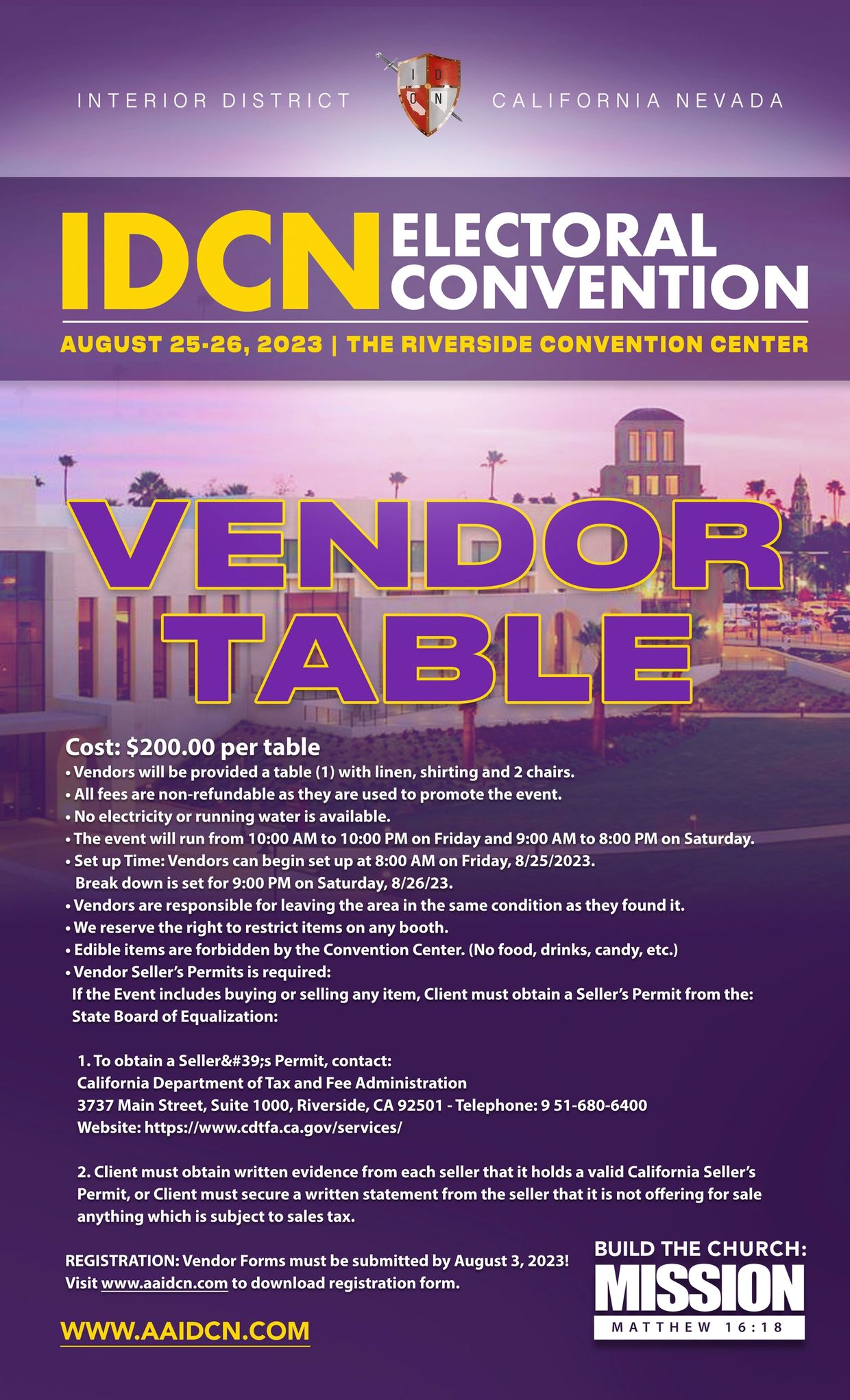 IDCN Electoral Convention Vendor Table registration details.