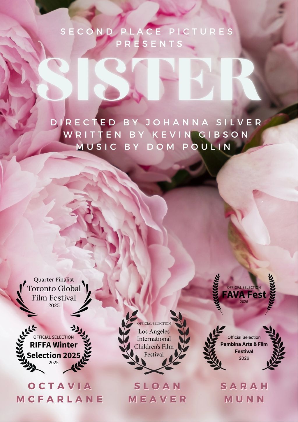 Movie poster for "Sister" with pink floral background and festival selections.