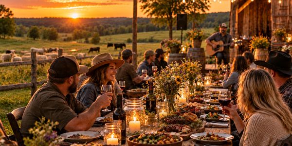 Outdoor dinner party at sunset with live music.
