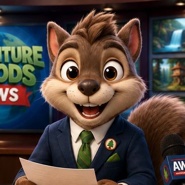 Animated squirrel news anchor in a suit reading paper.