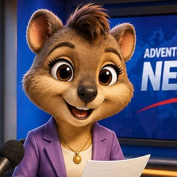 Animated meerkat news anchor smiling with microphone and notes.