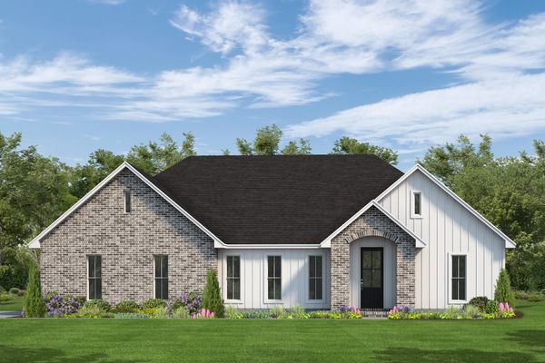 Modern single-story house with mixed brick and white siding exterior.