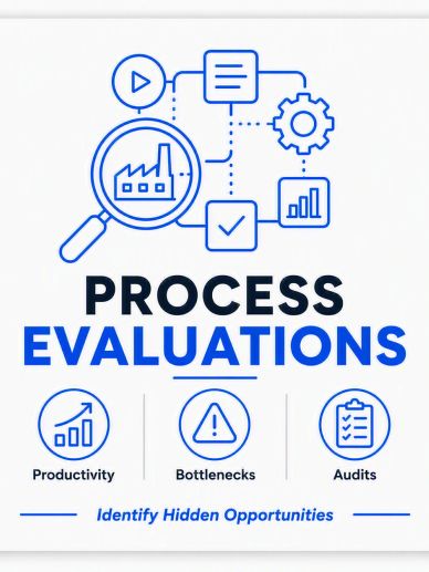 Process evaluation infographic highlighting productivity, bottlenecks, and audits.