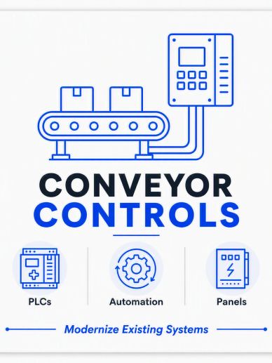 Illustration of conveyor controls with automation icons.