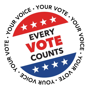 Round sticker with "Every Vote Counts" and "Your Voice".