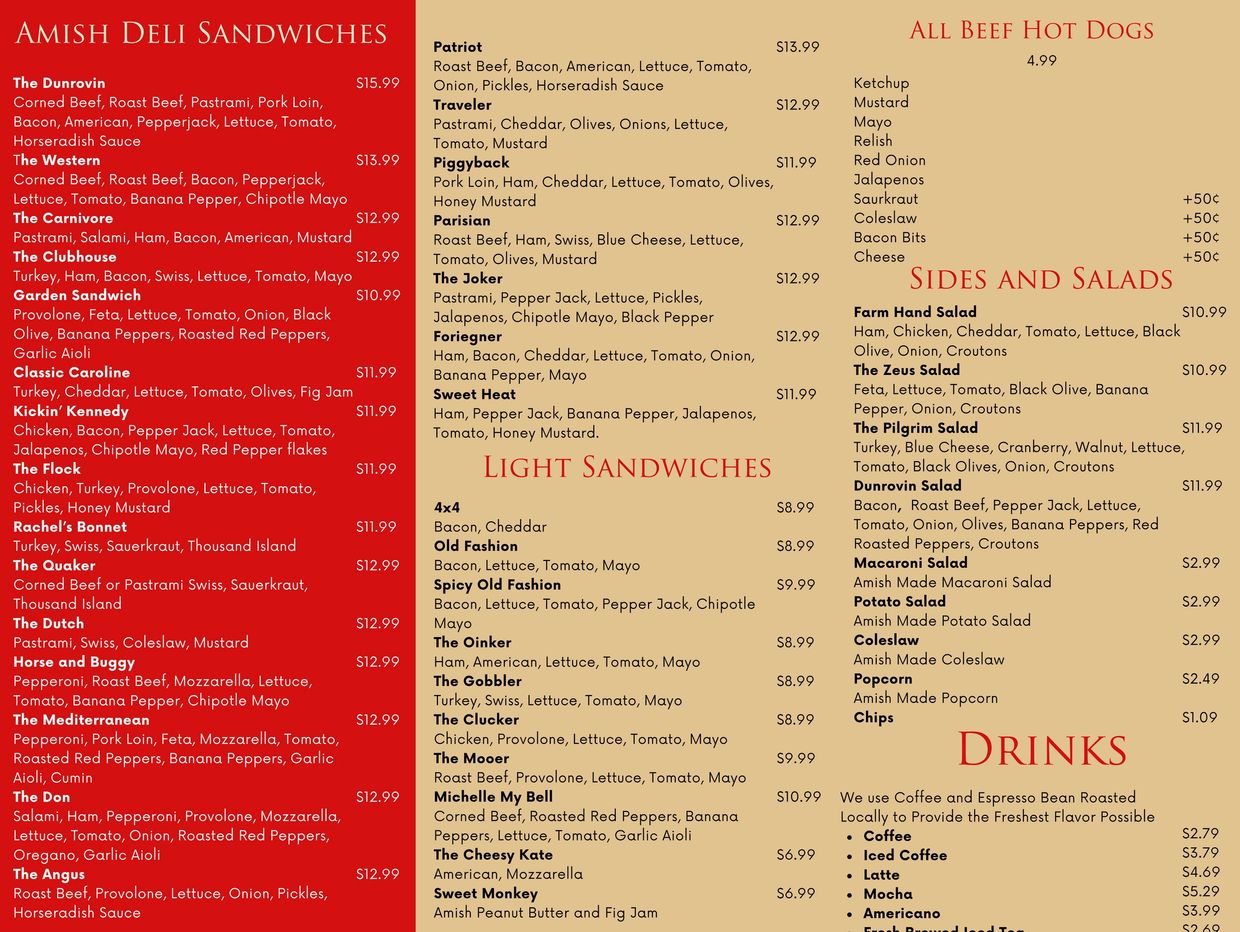 Menu featuring Amish deli sandwiches, hot dogs, sides, salads, and drinks.