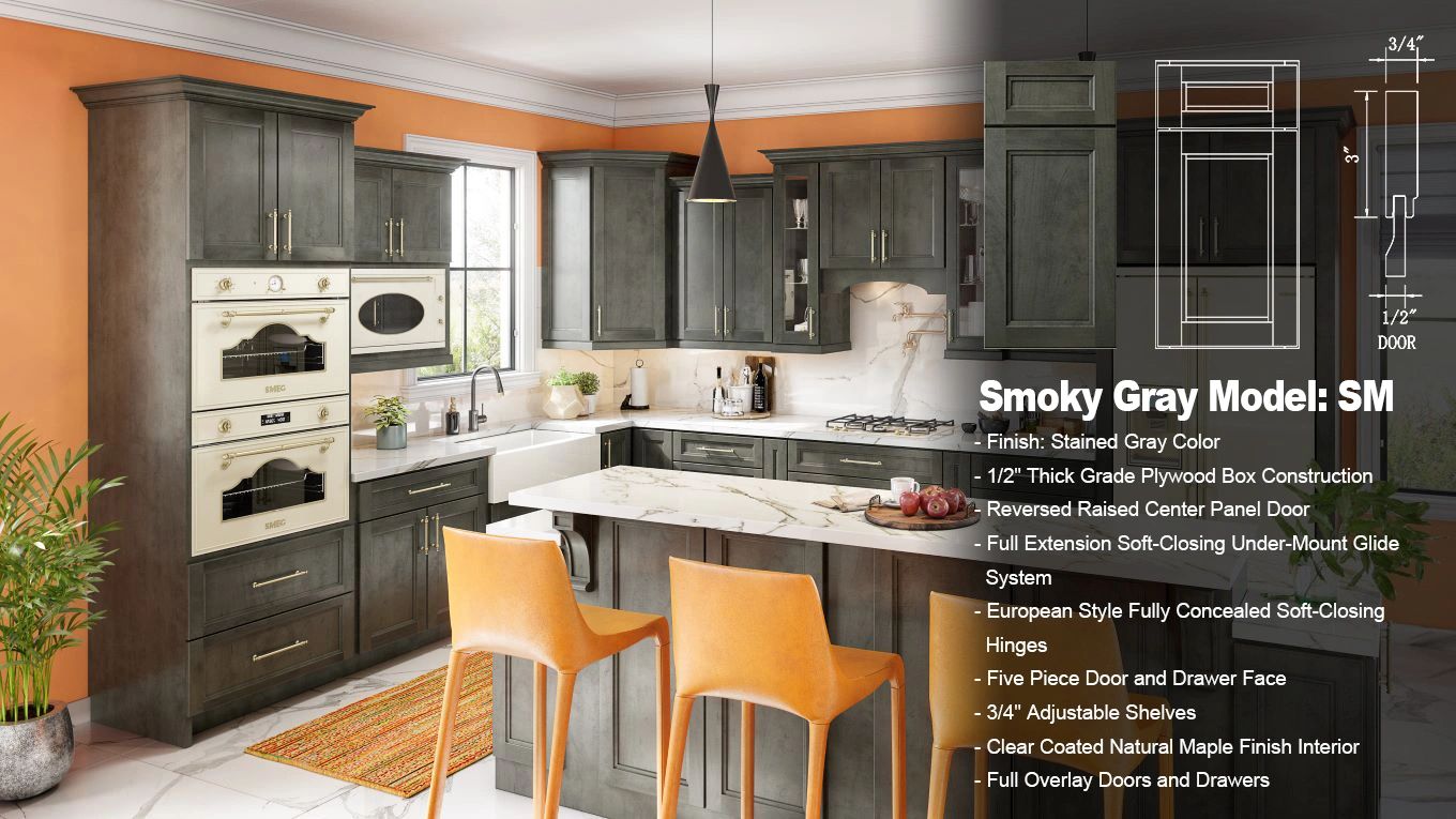 Smoky Gray door style. Reversed raised center panel door style in a stained gray color kitchen