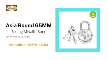 65MM strong metallic padlock with 3 keys, available in 50MM and 40MM sizes.