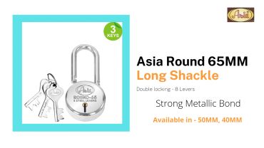 Asia Round 65MM lock with long shackle and 3 keys.