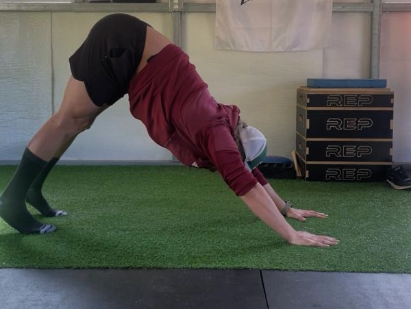 Person doing downward dog yoga pose indoors on artificial grass.