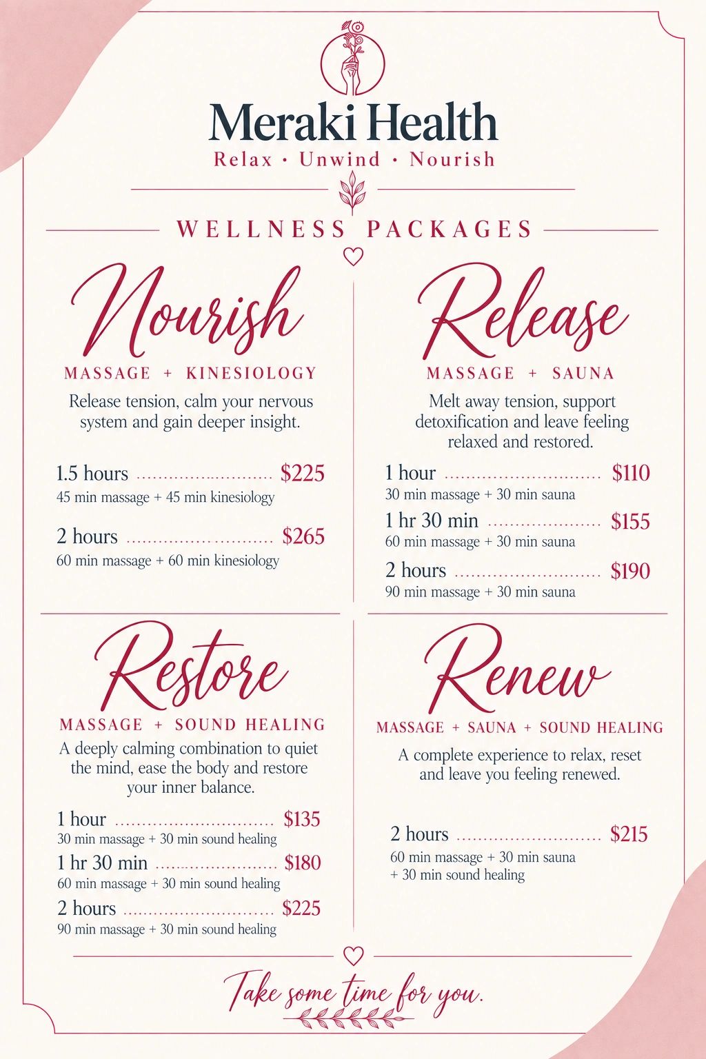 Meraki Health wellness packages for massage, kinesiology, sauna, and sound healing.