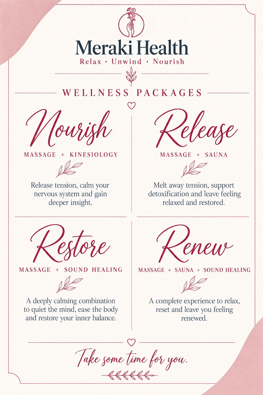 Meraki Health wellness packages for relaxation and balance.