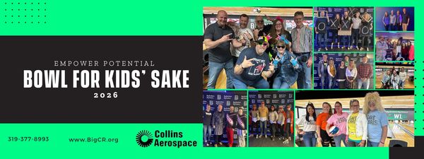 Collage showcasing the 2026 Bowl for Kids' Sake event by Collins Aerospace.