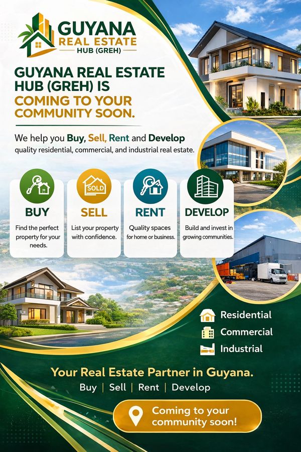 Announcement for Guyana Real Estate Hub offering buy, sell, rent, and develop services soon.