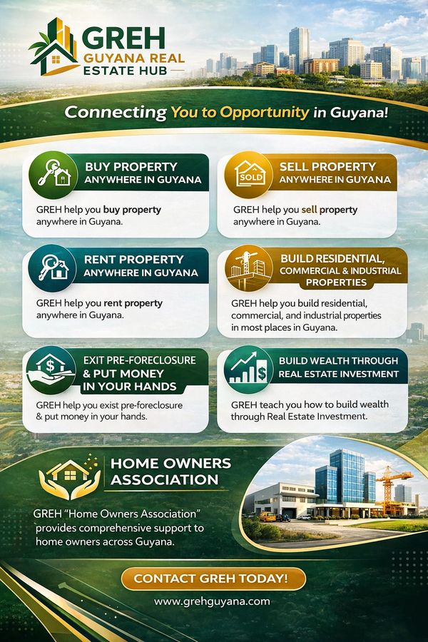 GREH offers comprehensive real estate services across Guyana including buying, selling, renting, and investment.